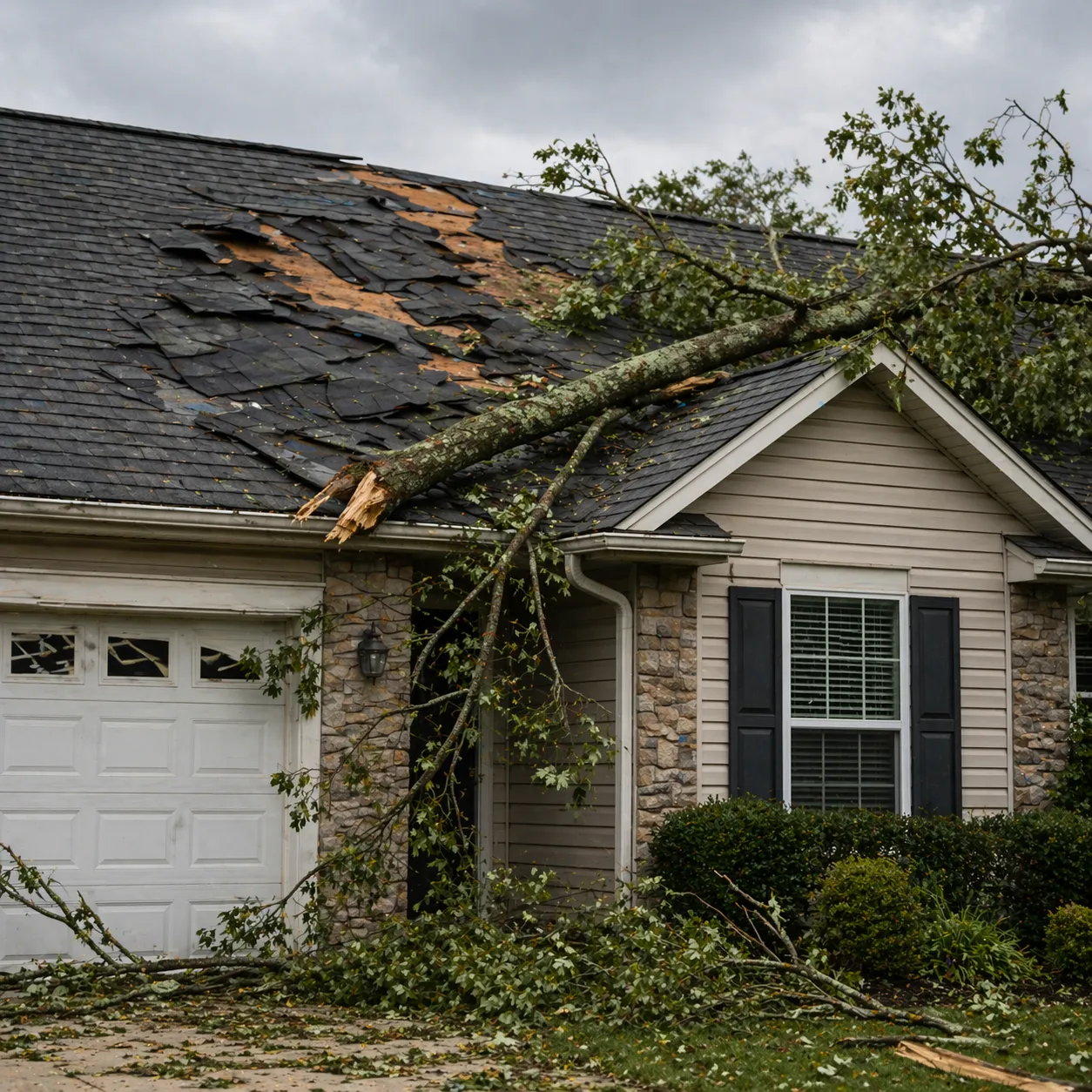 Storm-damaged roof with a fallen tree after severe weather