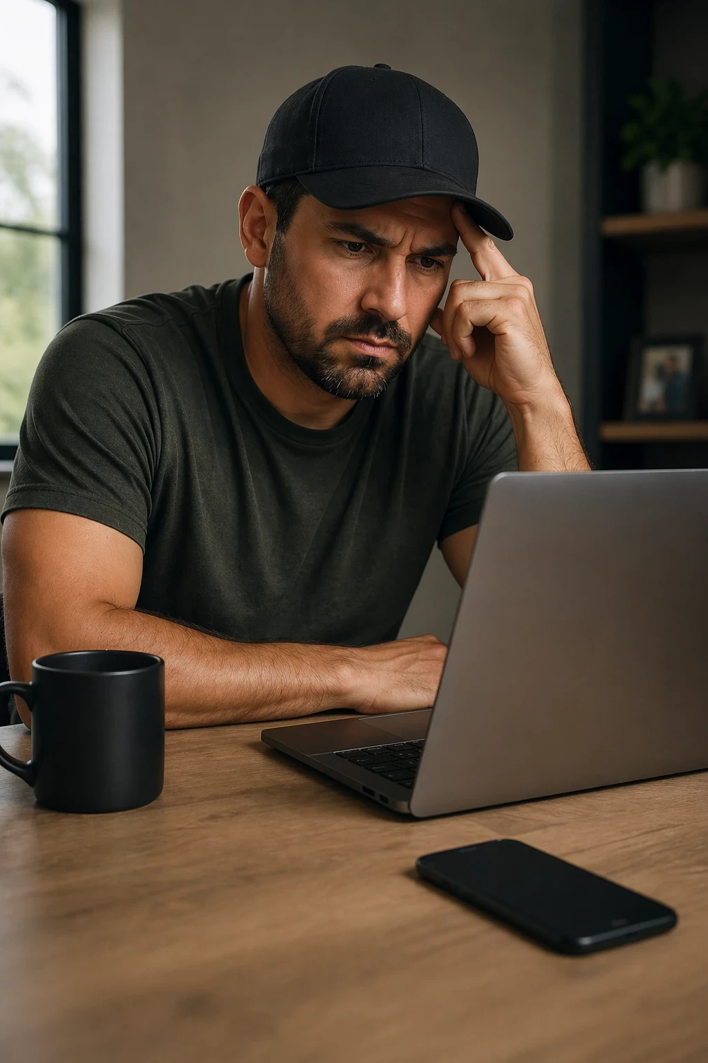 Roofing business owner reviewing marketing options at a laptop
