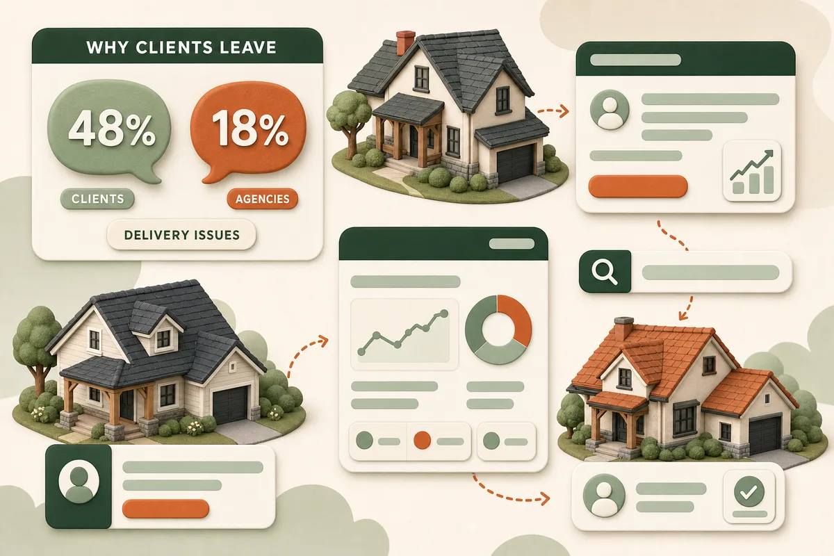 Card comparing what clients say versus what agencies hear about why relationships fail