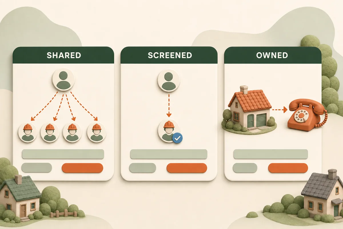 Card comparing the shared marketplace model against screened per-lead and owned channels