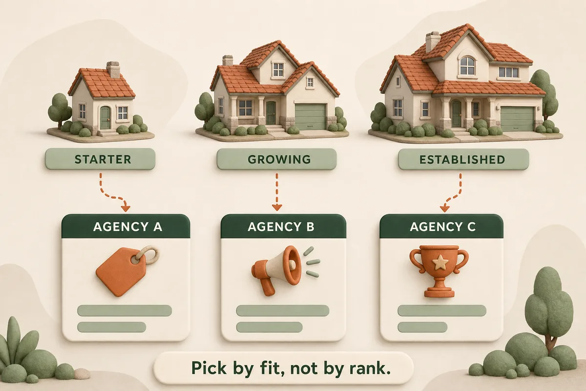 Diagram matching starter, growing, and established roofing companies to different agencies