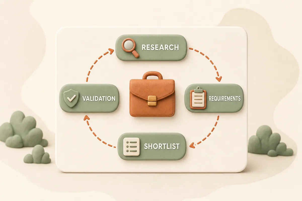 Card showing the commercial buying loop: research, requirements, shortlist, validation
