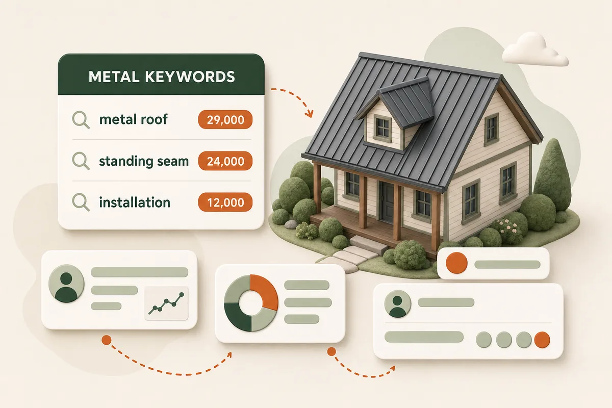 Card comparing metal keyword difficulty against general roofing provider terms