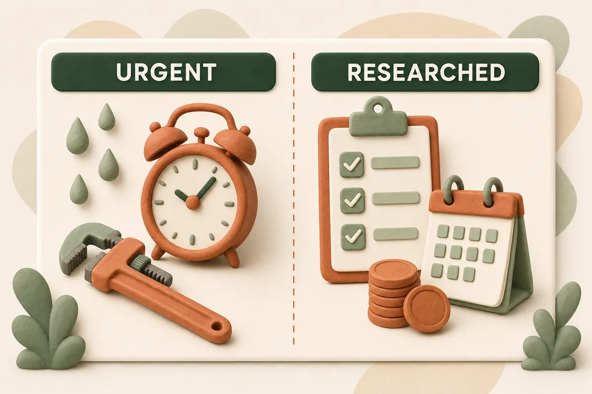 Split card comparing repair and replacement search intent: urgent wrench versus researched project checklist