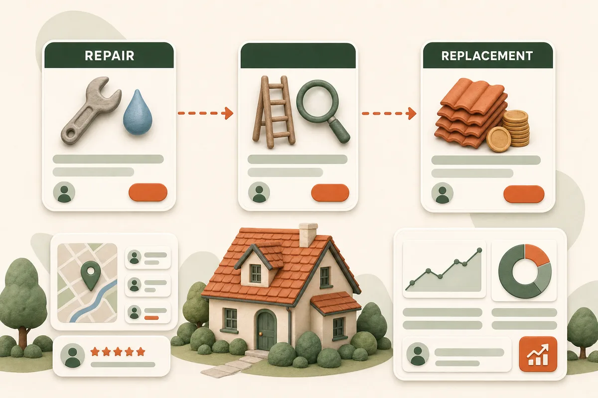 Card showing repair jobs feeding the replacement pipeline through roof inspections