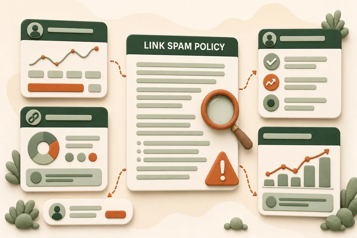 Card quoting Google's link spam policy with a warning flag