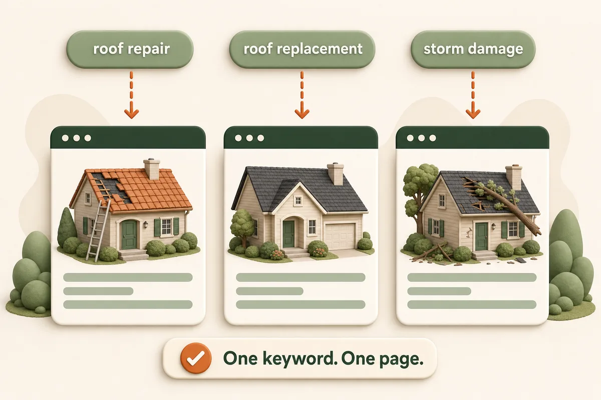 Diagram of roofing keywords connected by arrows to their own website pages