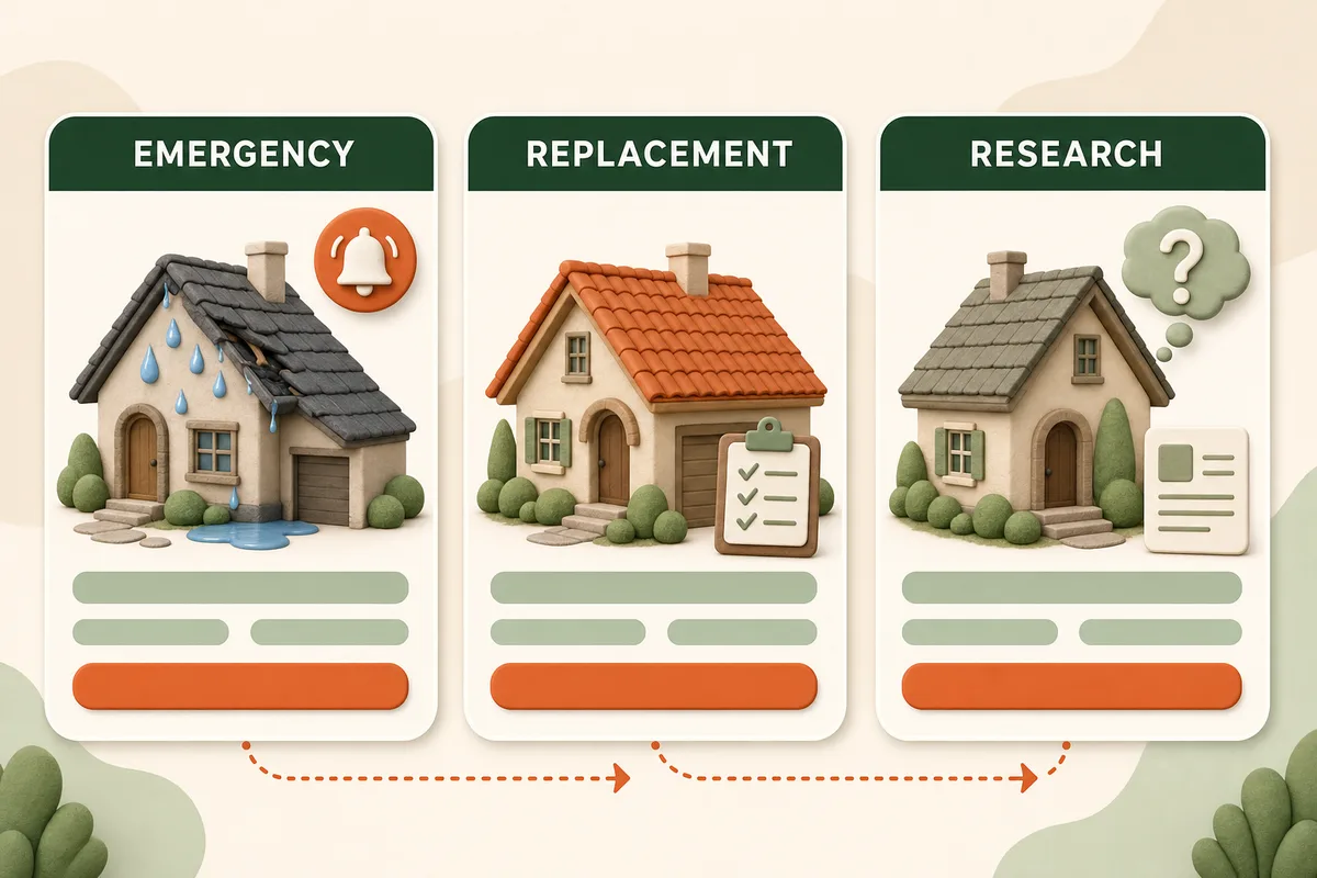 Three cards showing the types of roofing searches: emergency, replacement, and research