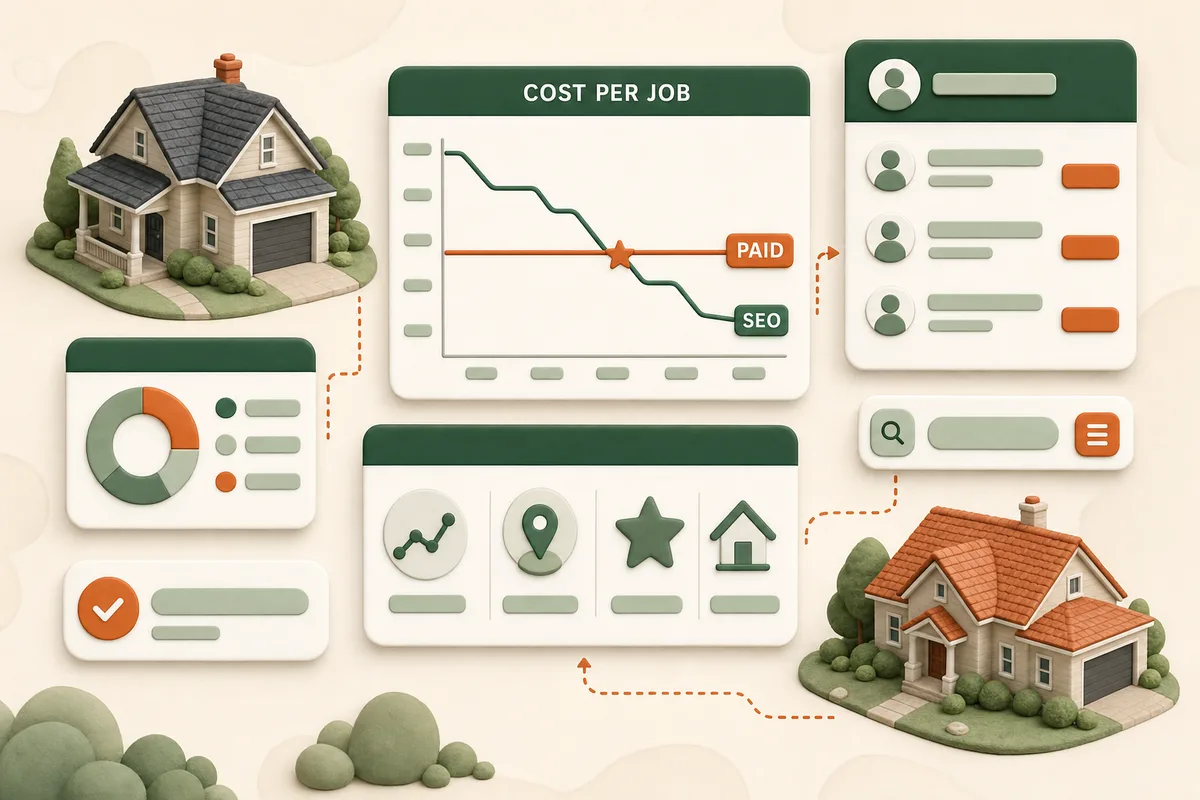 Card comparing the cost curves: paid channels flat forever, SEO falling as rankings compound