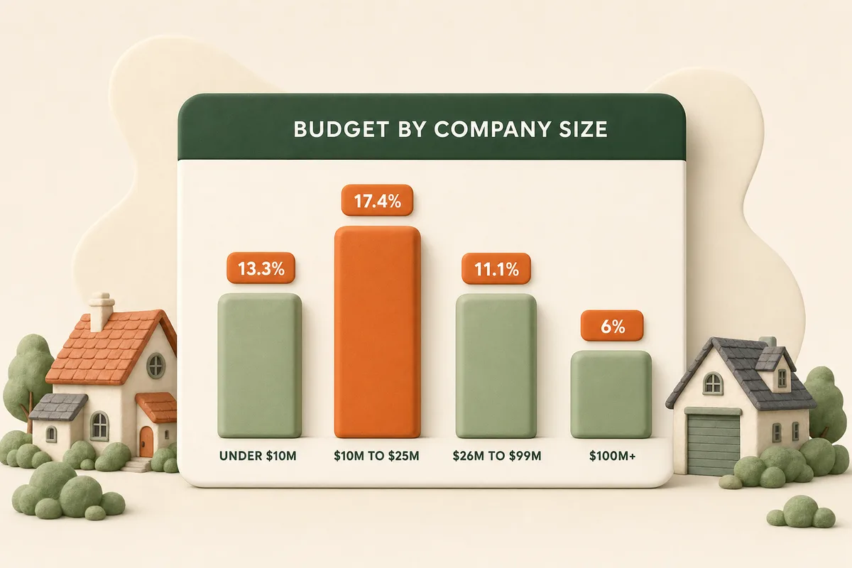 Card showing marketing budget as a share of revenue by company size, with smaller companies spending the biggest share