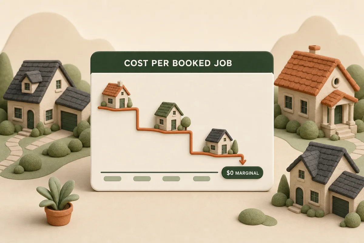 Dashboard chart showing cost per booked job stepping down over time toward zero marginal cost
