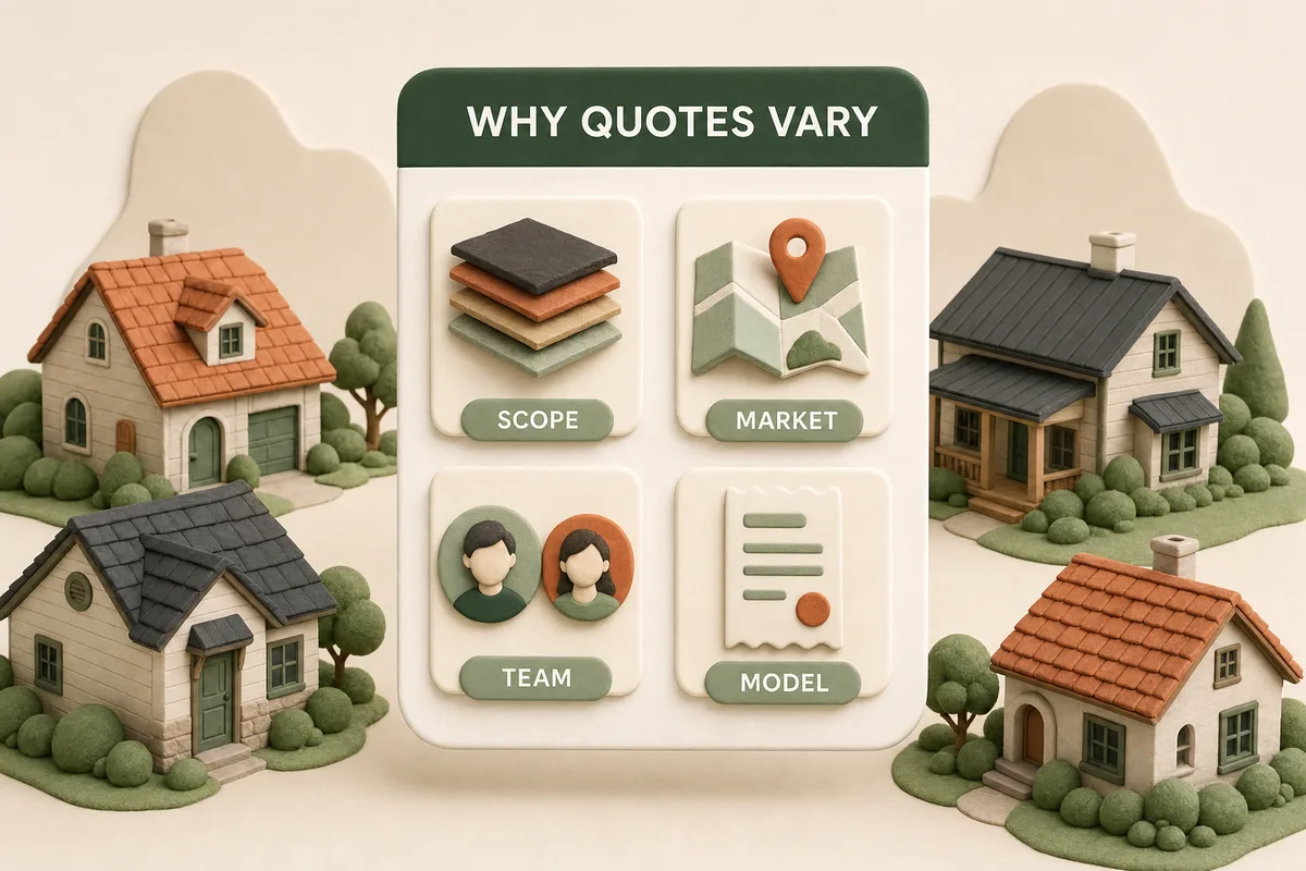 Card showing the four factors that drive roofing SEO quotes: scope, market, team, and pricing model