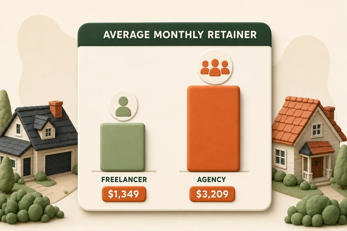 Bar chart comparing the average monthly SEO retainer for a freelancer, $1,349, and an agency, $3,209