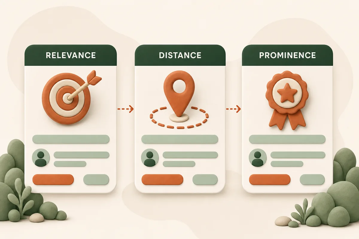 Three tiles showing Google's local ranking factors: relevance, distance, and prominence