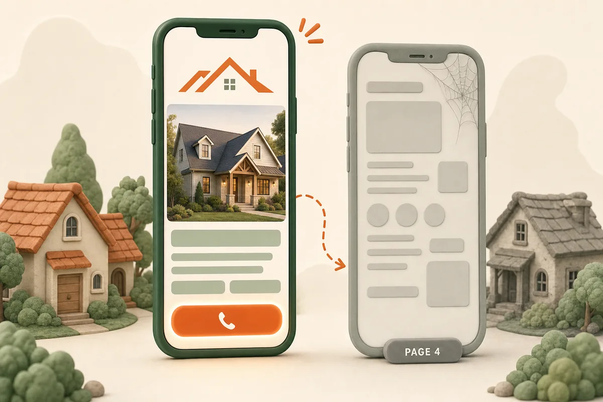 A fast modern roofing website on a bright phone next to a slow outdated site buried on page four