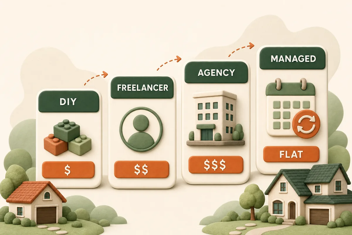 Four cards comparing ways to buy a roofing website: DIY, freelancer, agency, and managed