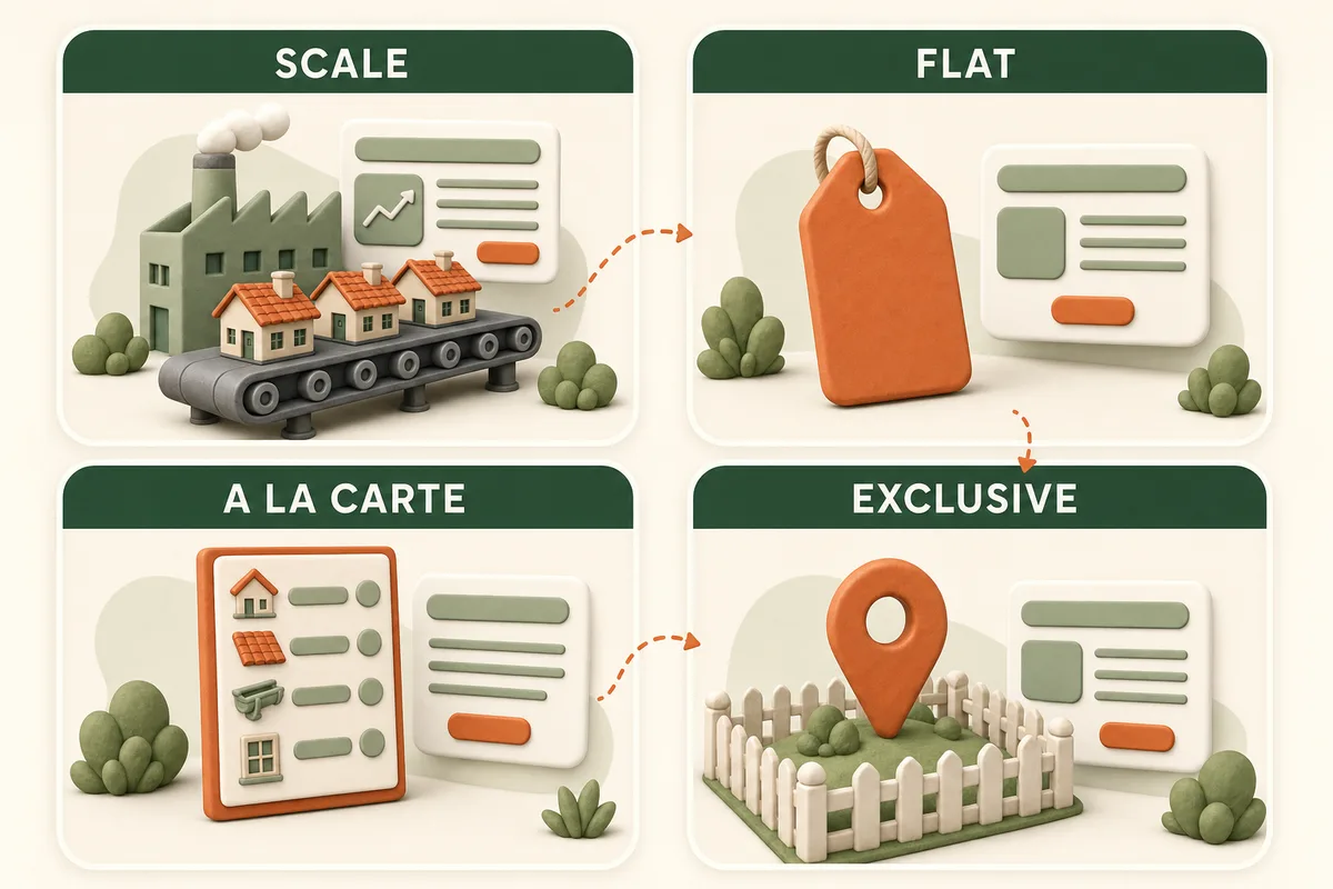 Card comparing agency models: productized scale, flat-price boutique, a la carte, lead systems