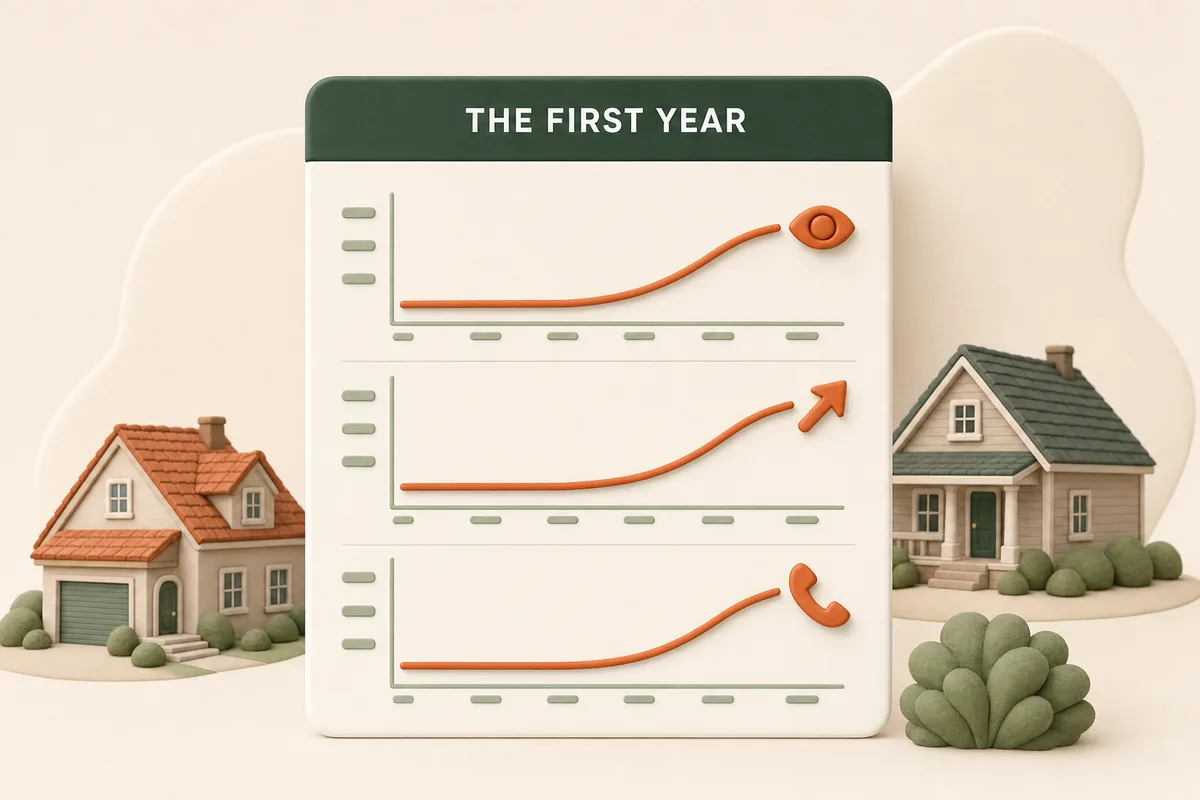 Chart card showing the roofing SEO trajectory: impressions first, then rankings, then calls