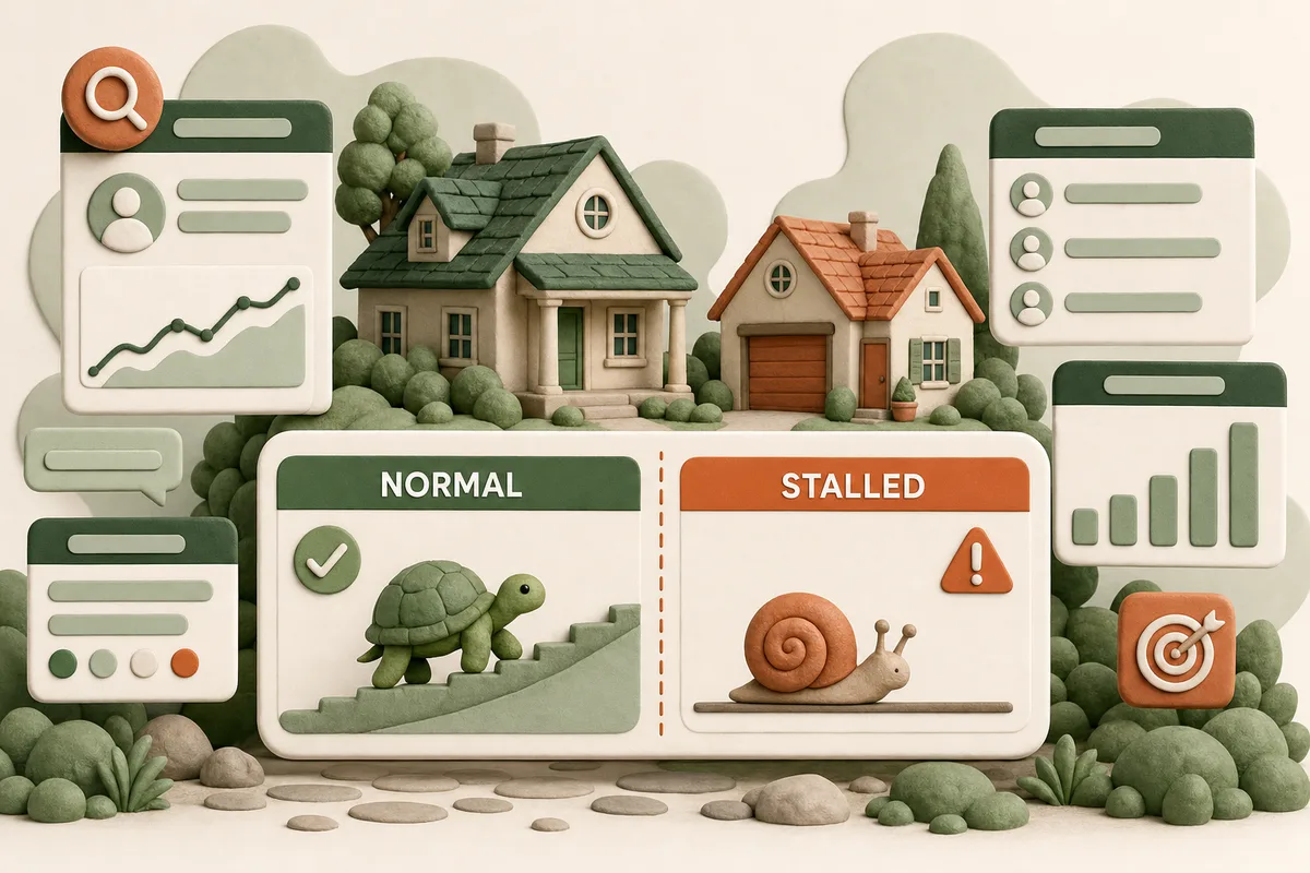 Card contrasting normal SEO progress markers with stall warning signs