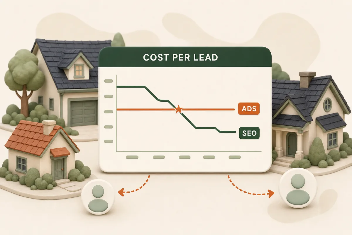 Chart card showing the two cost curves: ads flat forever, SEO falling after a slow start