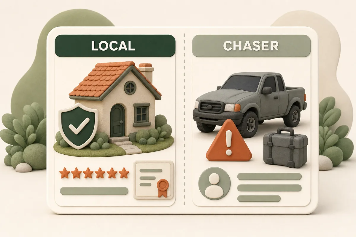 Card contrasting the local roofer's trust signals with storm chaser red flags