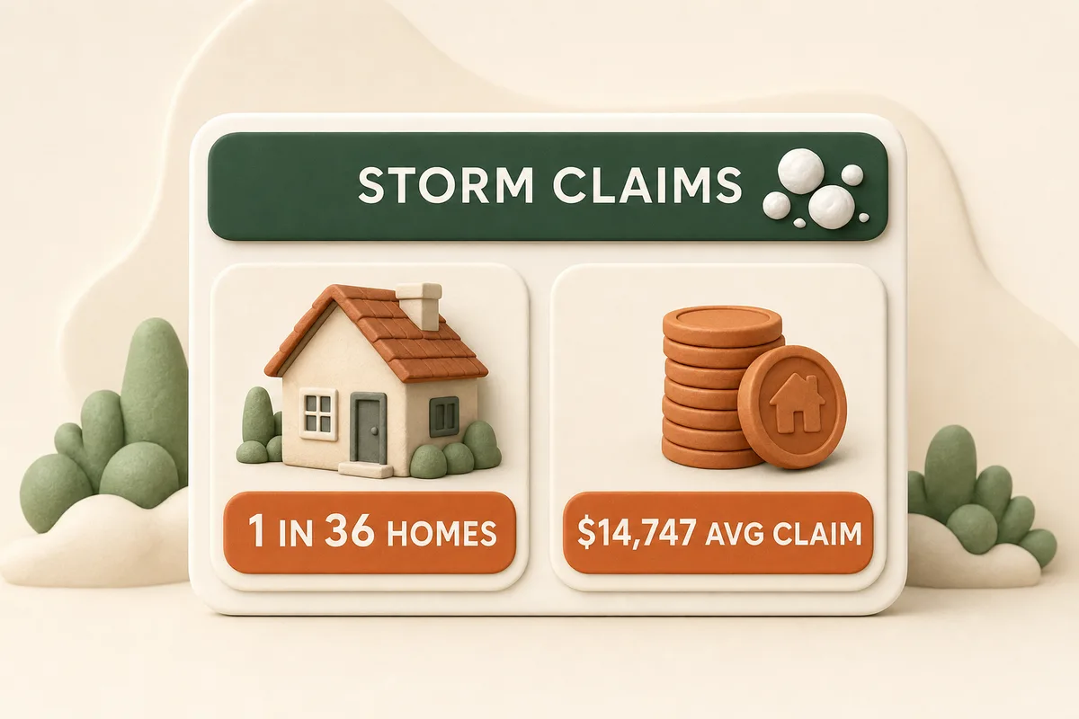 Card showing the storm math: claim frequency, average severity, share of losses