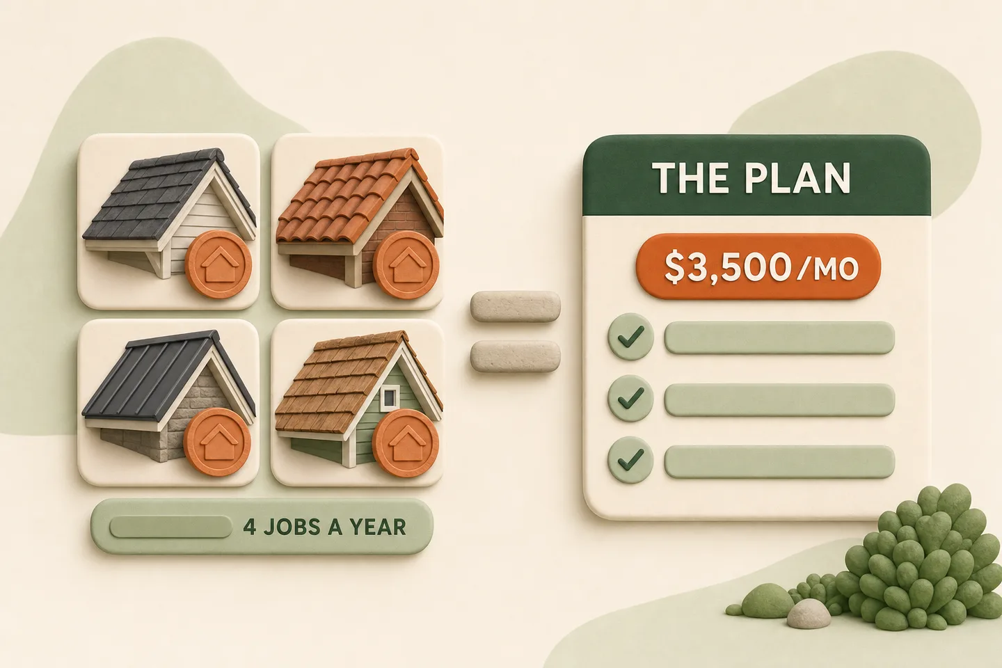 Four clay roof job tiles balancing against one plan card, showing four jobs a year covers the plan