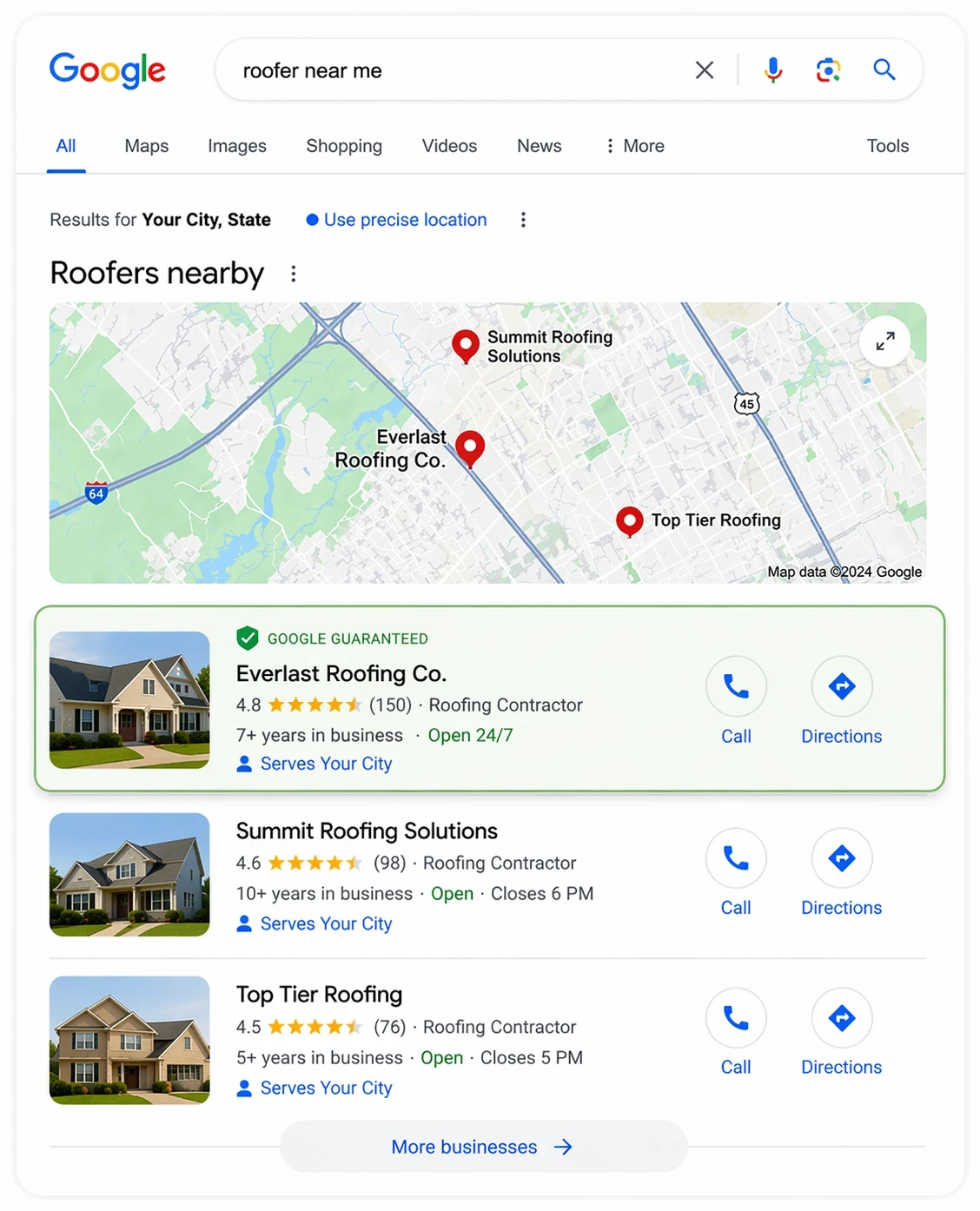 Google search results showing the local map pack of roofers